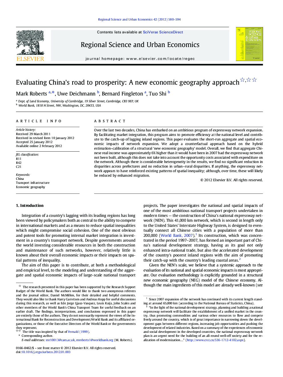 Evaluating China's road to prosperity: A new economic geography approach 