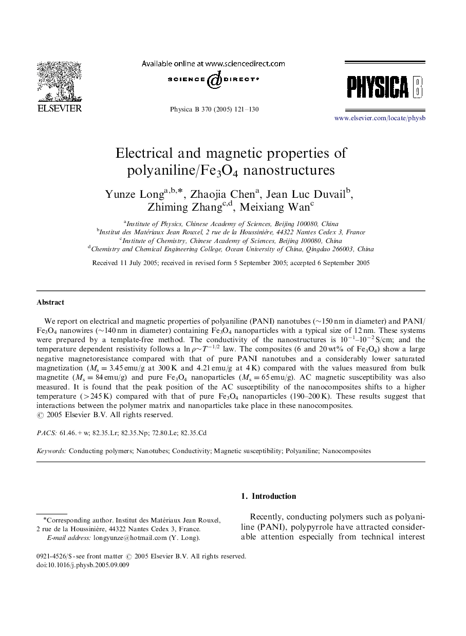 Electrical and magnetic properties of polyaniline/Fe3O4 nanostructures