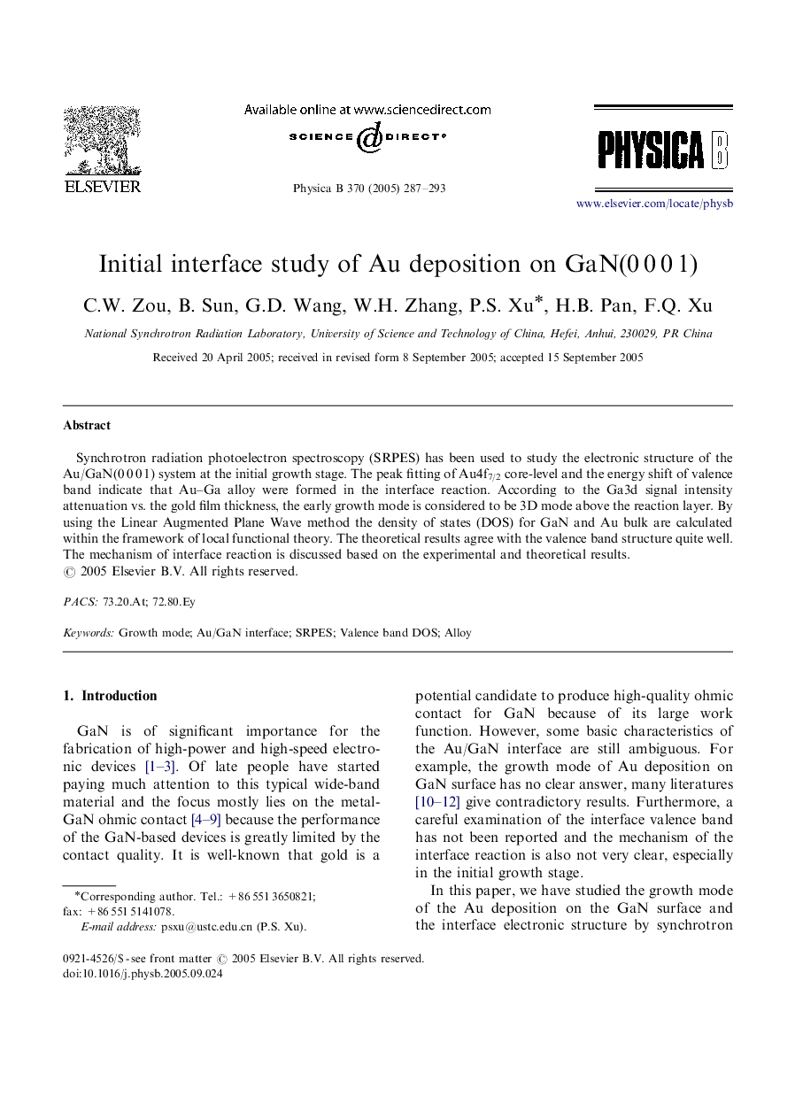 Initial interface study of Au deposition on GaN(0Â 0Â 0Â 1)