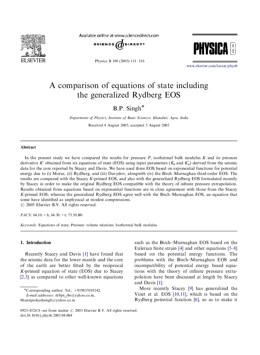 A comparison of equations of state including the generalized Rydberg EOS