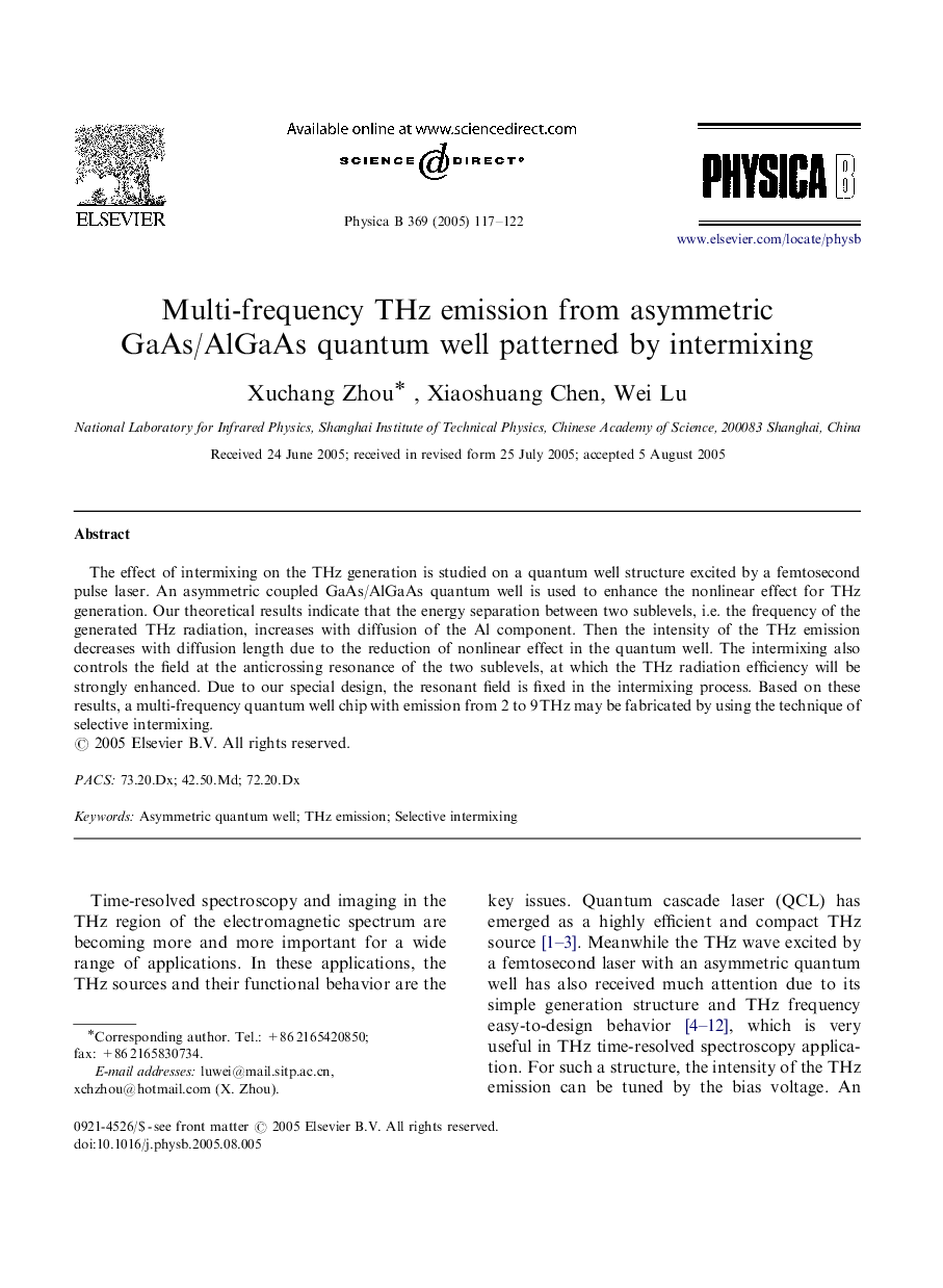 Multi-frequency THz emission from asymmetric GaAs/AlGaAs quantum well patterned by intermixing