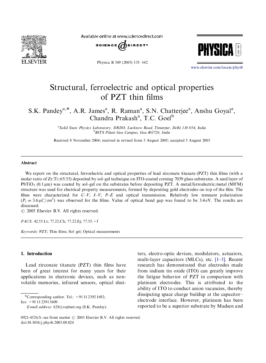 Structural, ferroelectric and optical properties of PZT thin films