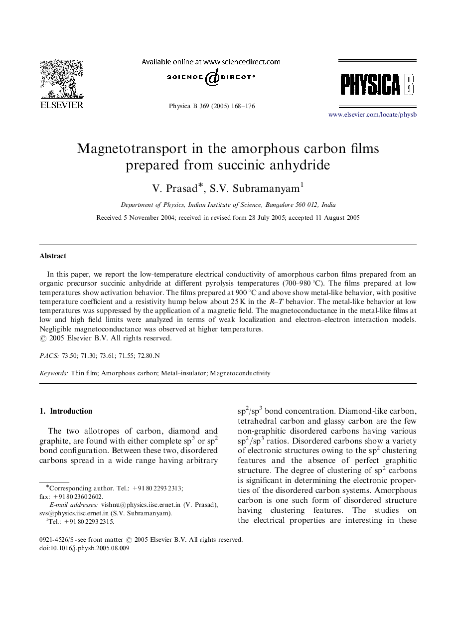 Magnetotransport in the amorphous carbon films prepared from succinic anhydride