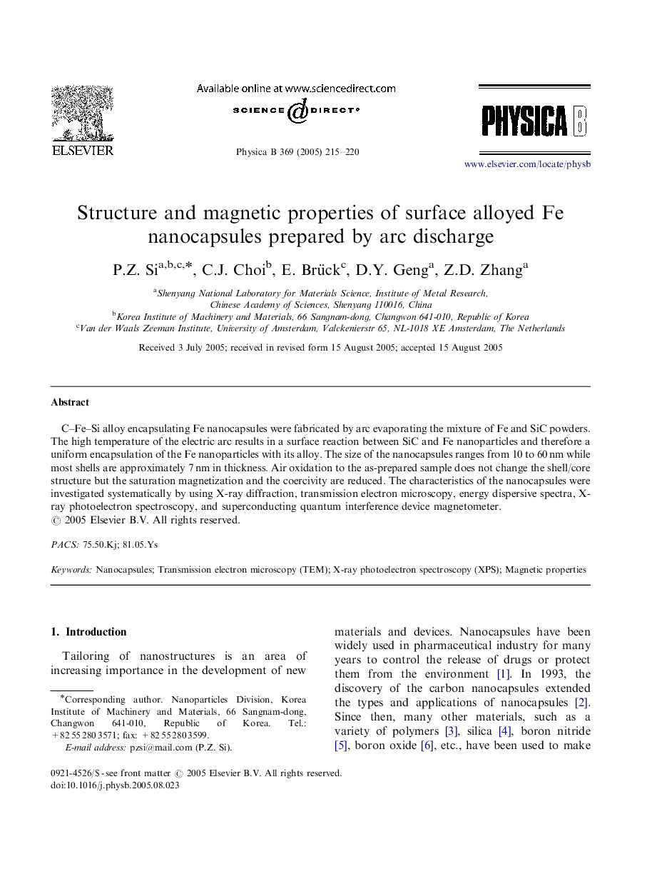 Structure and magnetic properties of surface alloyed Fe nanocapsules prepared by arc discharge