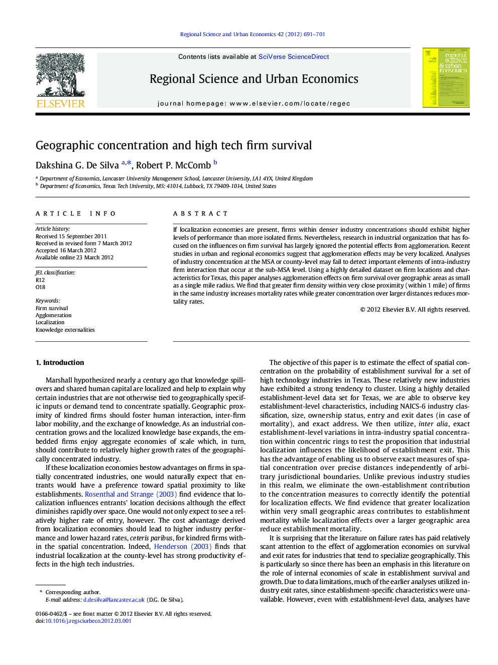 Geographic concentration and high tech firm survival