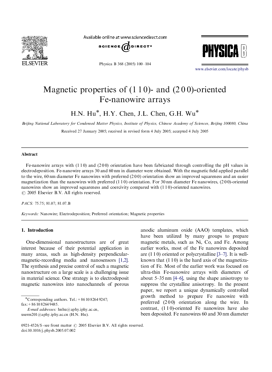 Magnetic properties of (1Â 1Â 0)- and (2Â 0Â 0)-oriented Fe-nanowire arrays