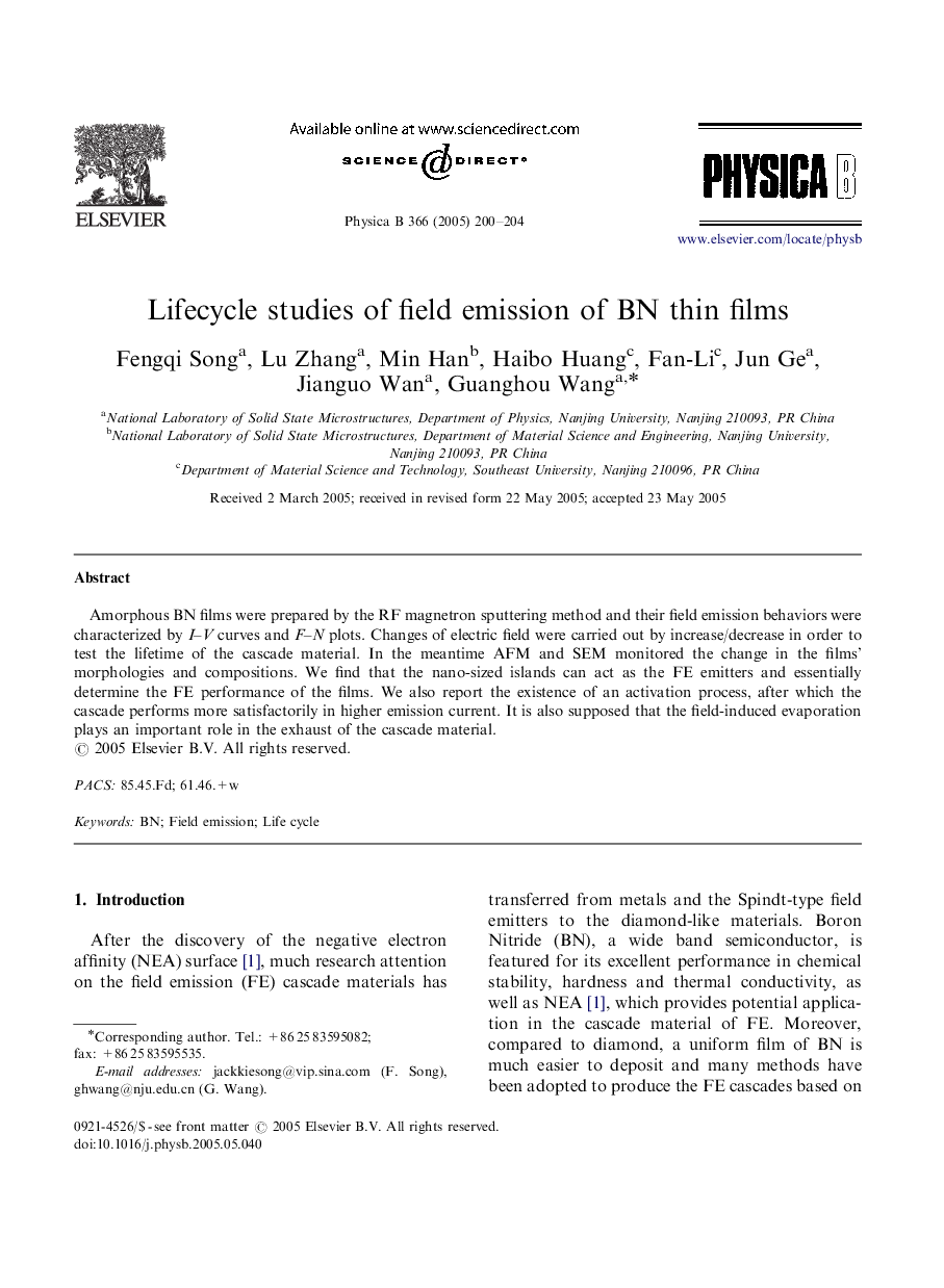 Lifecycle studies of field emission of BN thin films