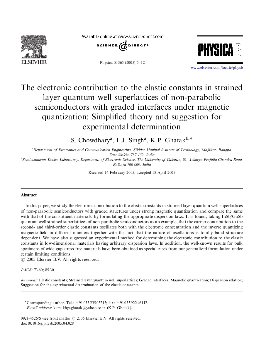 The electronic contribution to the elastic constants in strained layer quantum well superlattices of non-parabolic semiconductors with graded interfaces under magnetic quantization: Simplified theory and suggestion for experimental determination