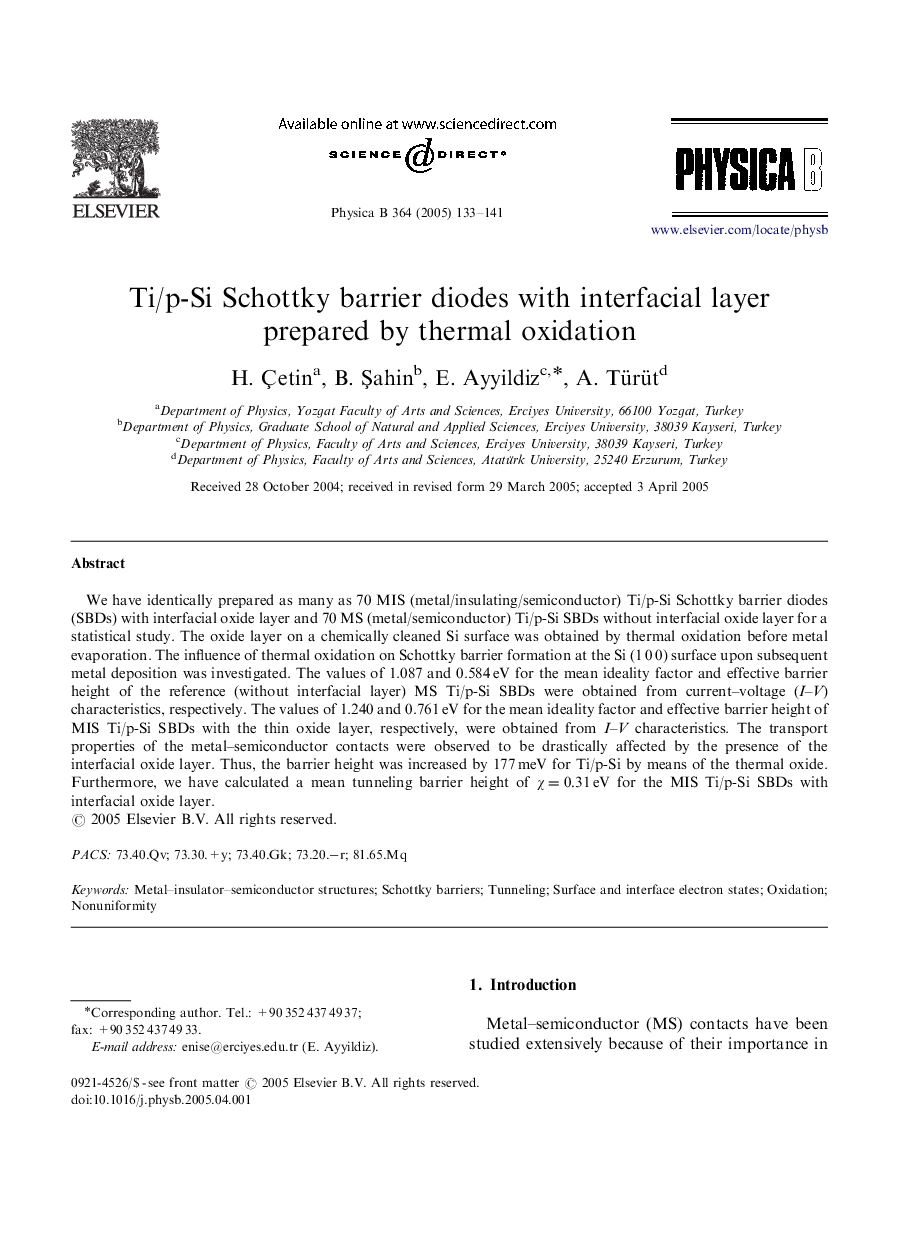 Ti/p-Si Schottky barrier diodes with interfacial layer prepared by thermal oxidation