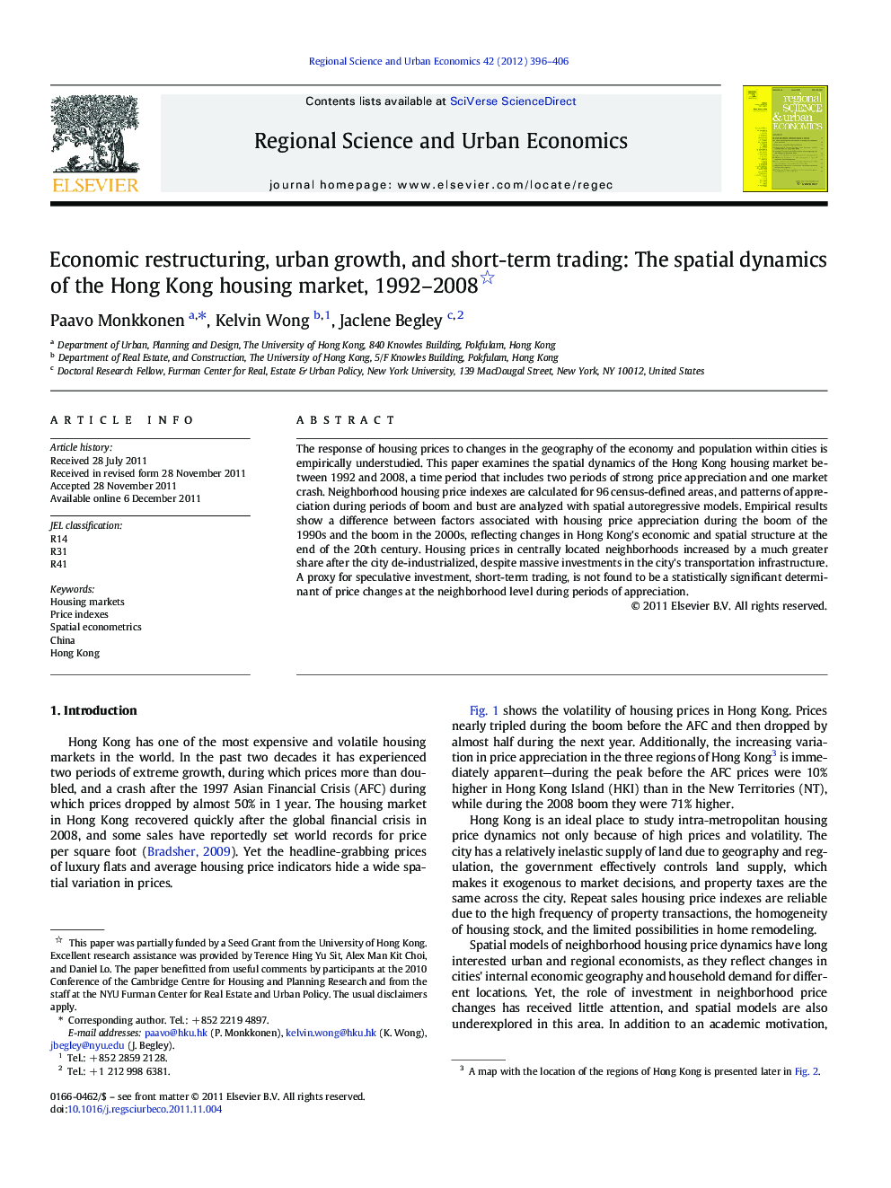 Economic restructuring, urban growth, and short-term trading: The spatial dynamics of the Hong Kong housing market, 1992–2008 