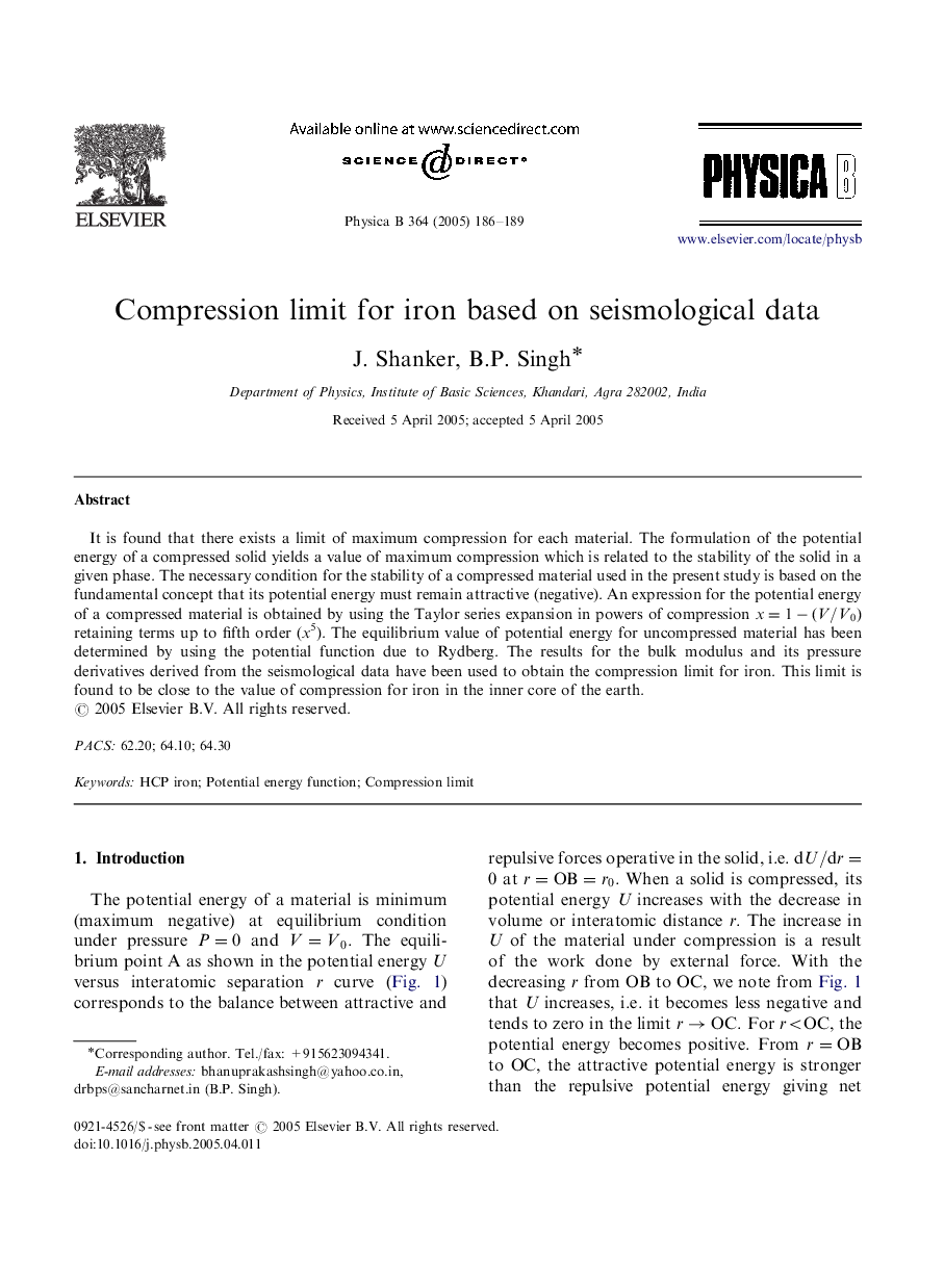 Compression limit for iron based on seismological data