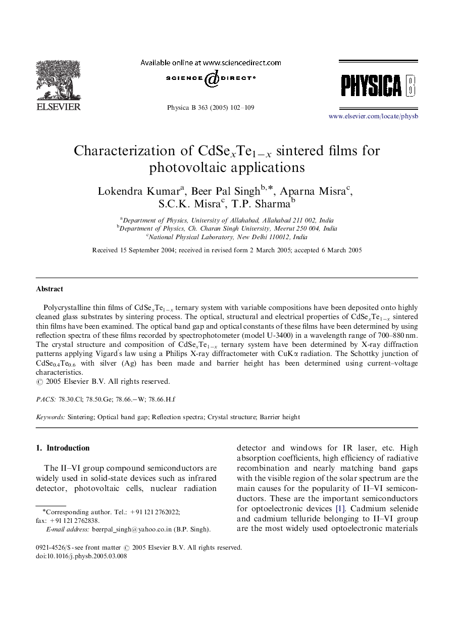 Characterization of CdSexTe1âx sintered films for photovoltaic applications