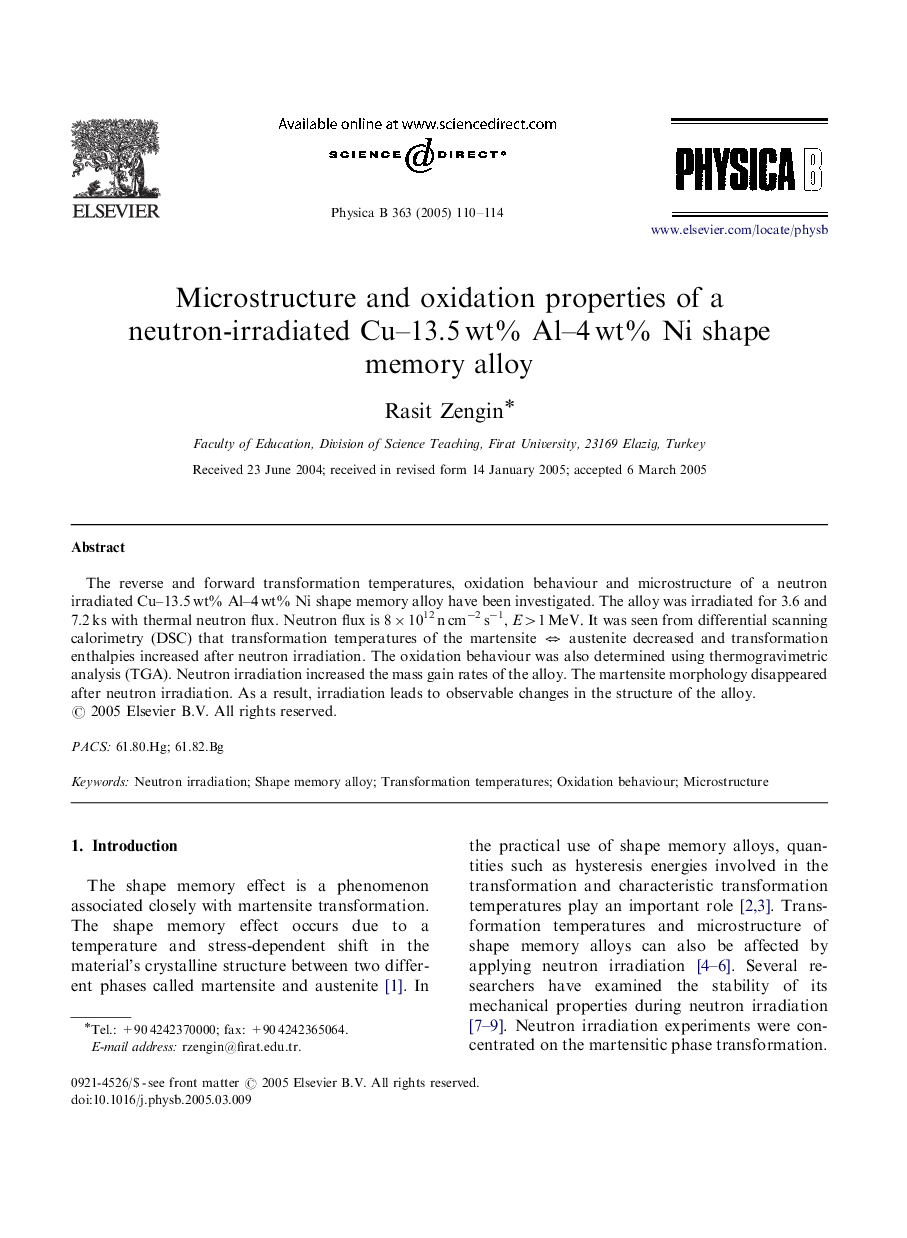 Microstructure and oxidation properties of a neutron-irradiated Cu-13.5Â wt% Al-4Â wt% Ni shape memory alloy