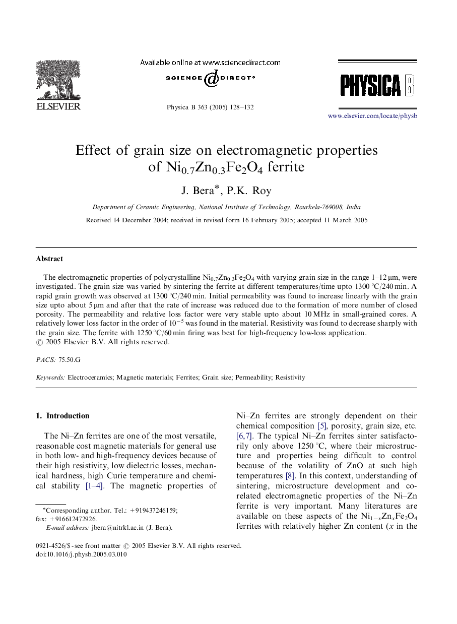 Effect of grain size on electromagnetic properties of Ni0.7Zn0.3Fe2O4 ferrite