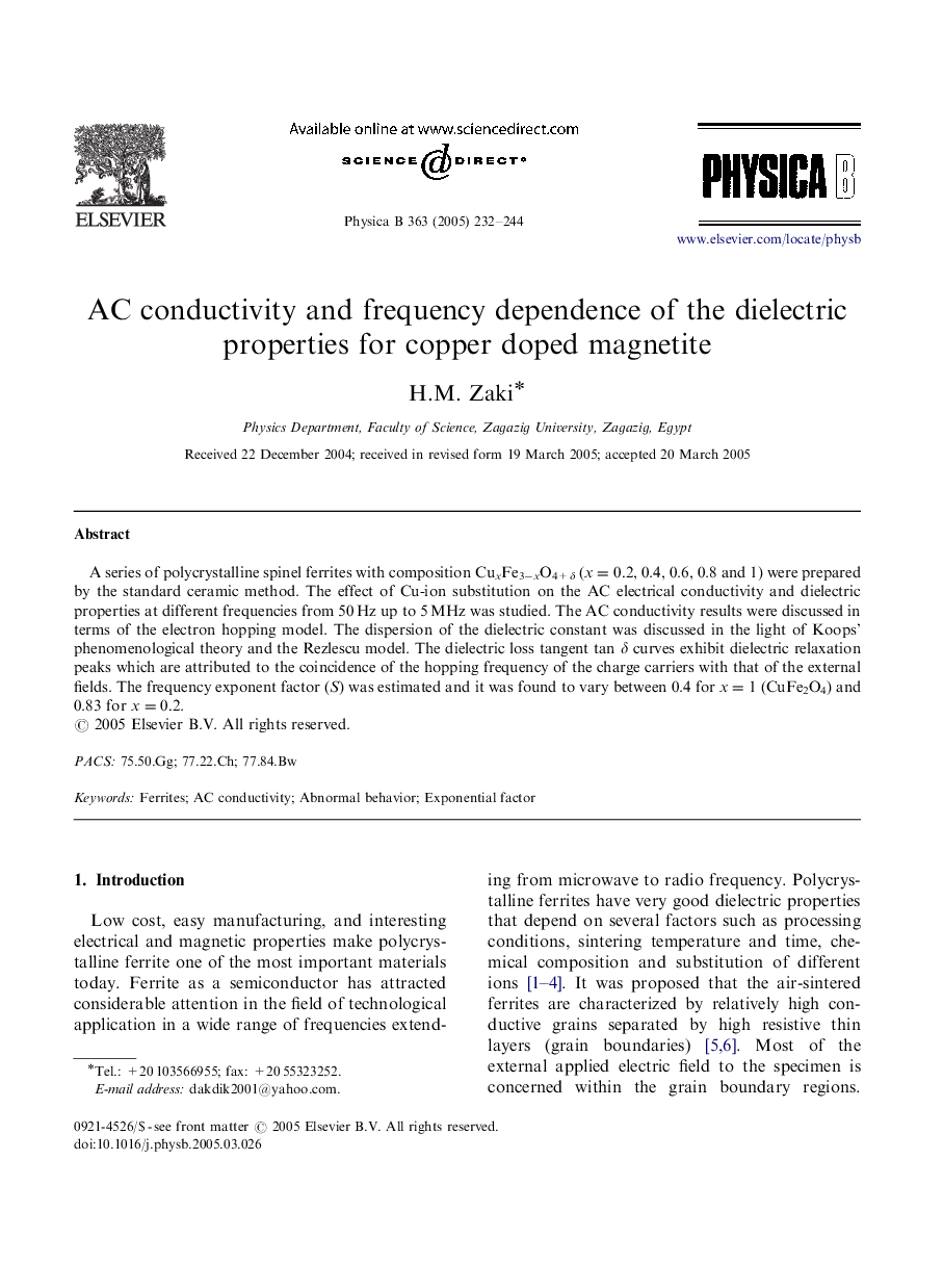 AC conductivity and frequency dependence of the dielectric properties for copper doped magnetite