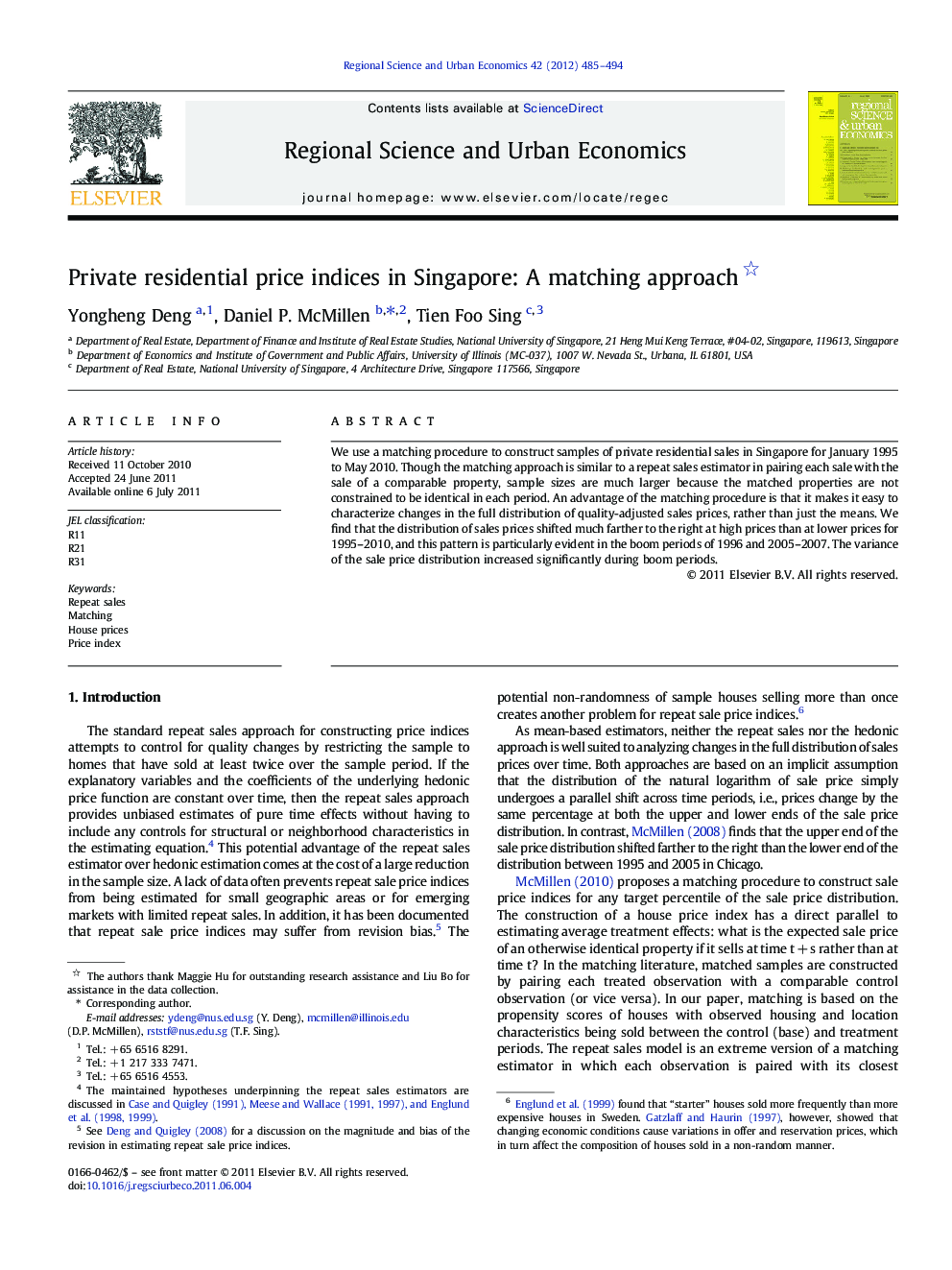 Private residential price indices in Singapore: A matching approach 