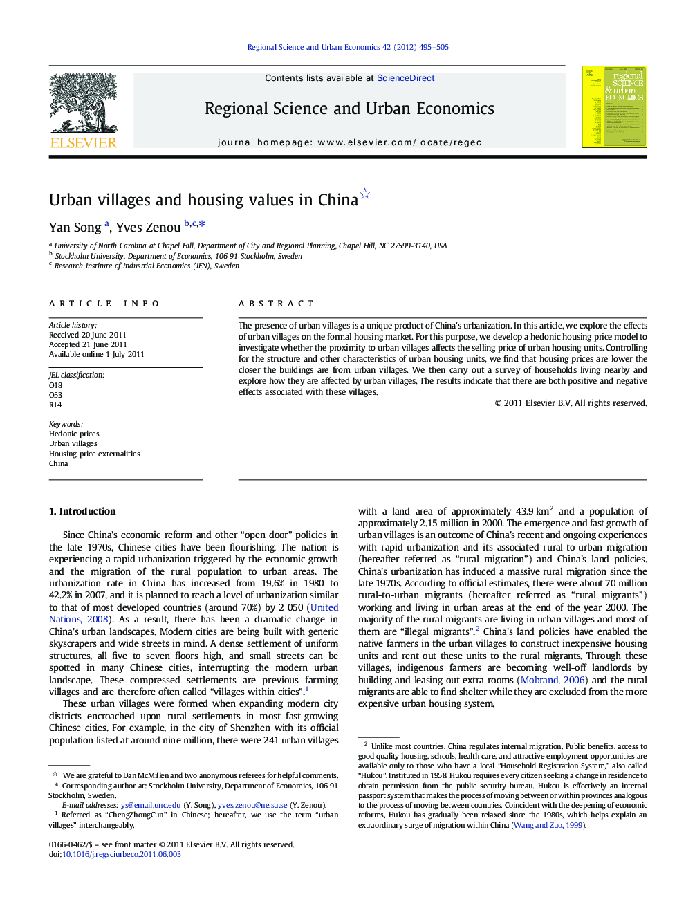 Urban villages and housing values in China 