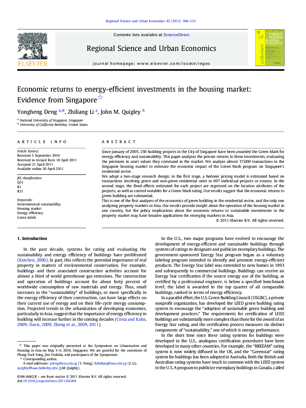 Economic returns to energy-efficient investments in the housing market: Evidence from Singapore 