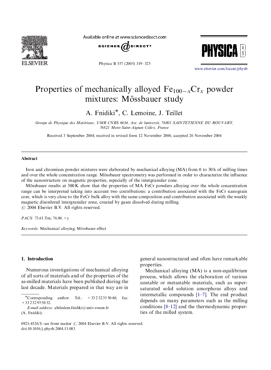 Properties of mechanically alloyed Fe100âxCrx powder mixtures: Mössbauer study