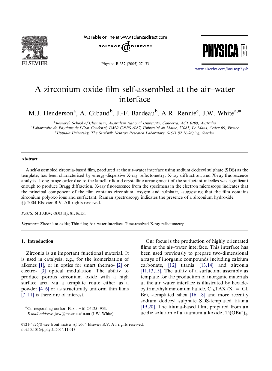 عکس صفحه اول مقاله: A zirconium oxide film self-assembled at the air-water interface A zirconium oxide film self-assembled at the air-water interface
