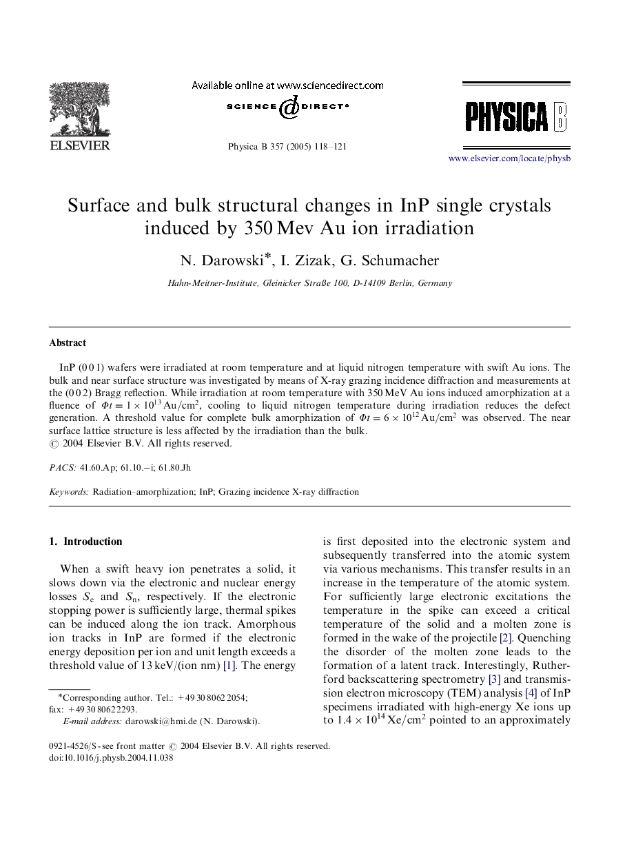 Surface and bulk structural changes in InP single crystals induced by 350Â Mev Au ion irradiation