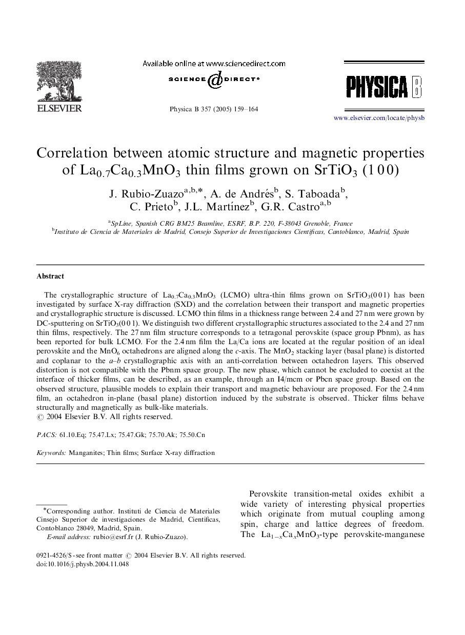 Correlation between atomic structure and magnetic properties of La0.7Ca0.3MnO3 thin films grown on SrTiO3 (1Â 0Â 0)
