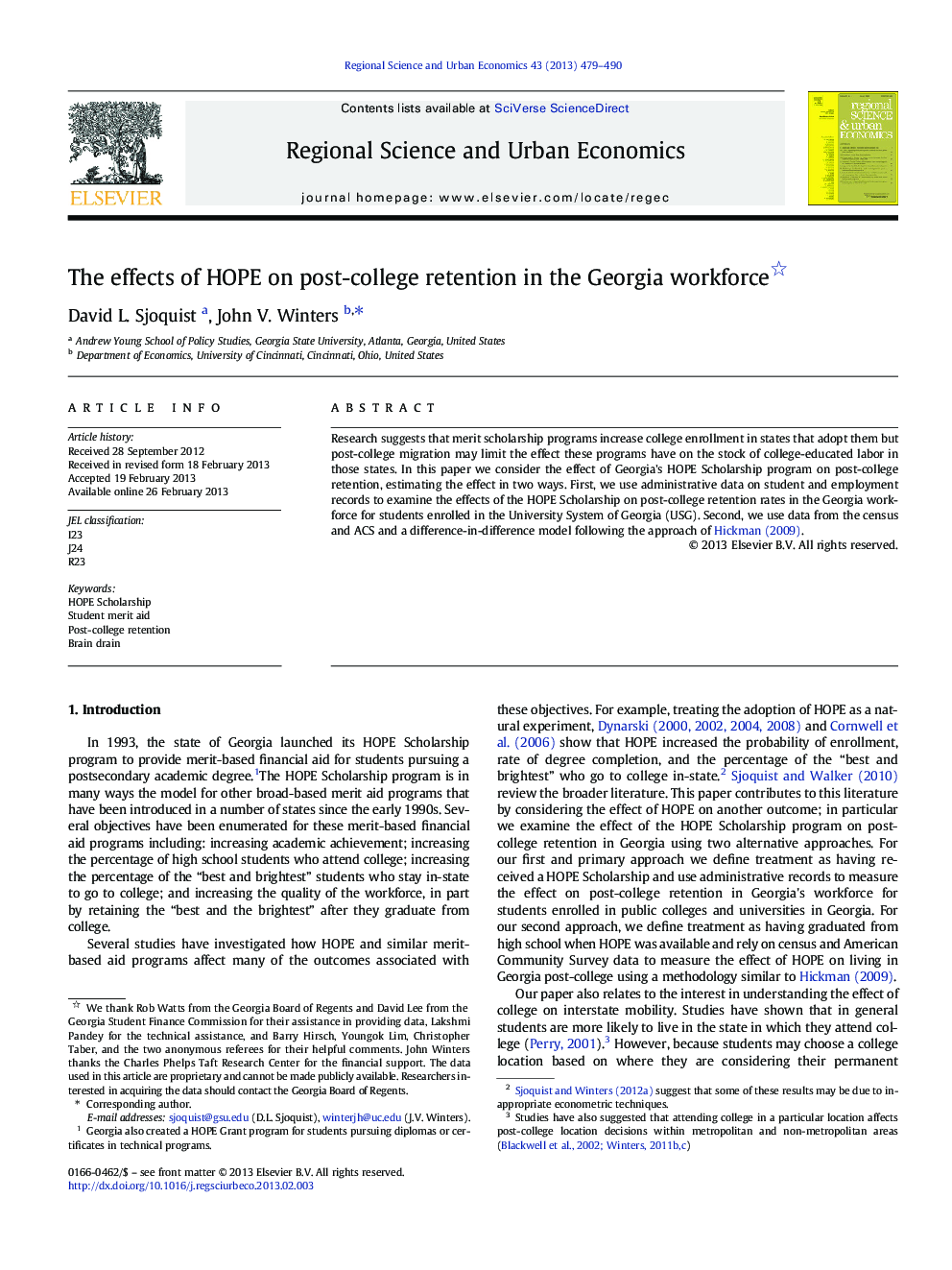 The effects of HOPE on post-college retention in the Georgia workforce 