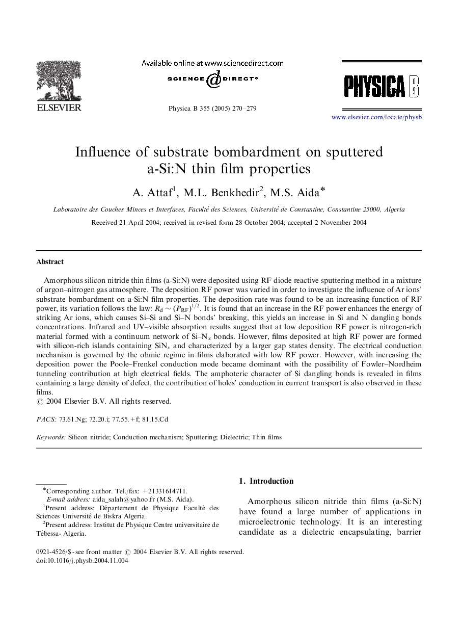 Influence of substrate bombardment on sputtered a-Si:N thin film properties