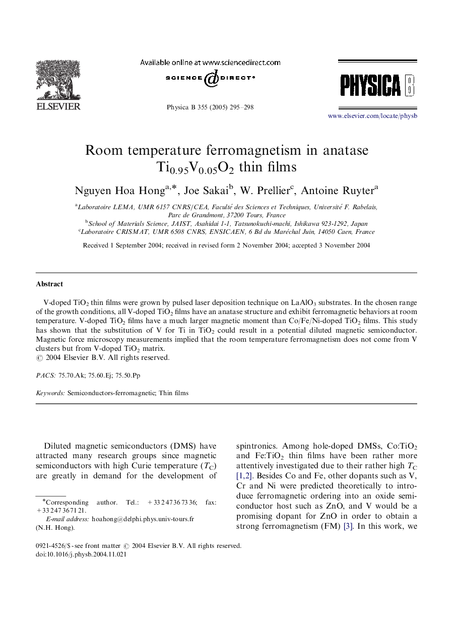 Room temperature ferromagnetism in anatase Ti0.95V0.05O2 thin films