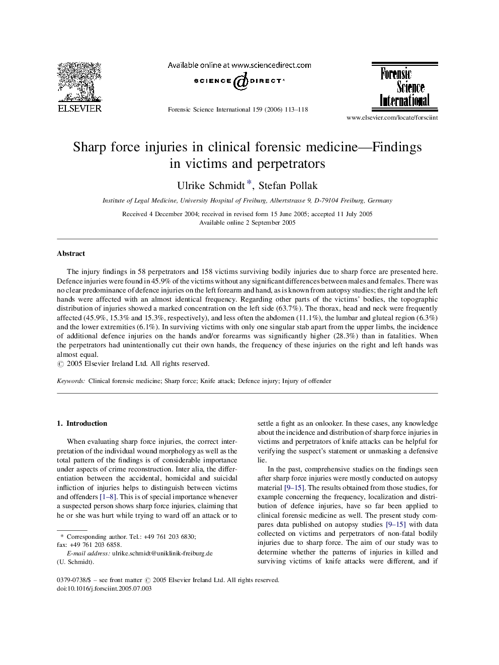 Sharp force injuries in clinical forensic medicine—Findings in victims and perpetrators