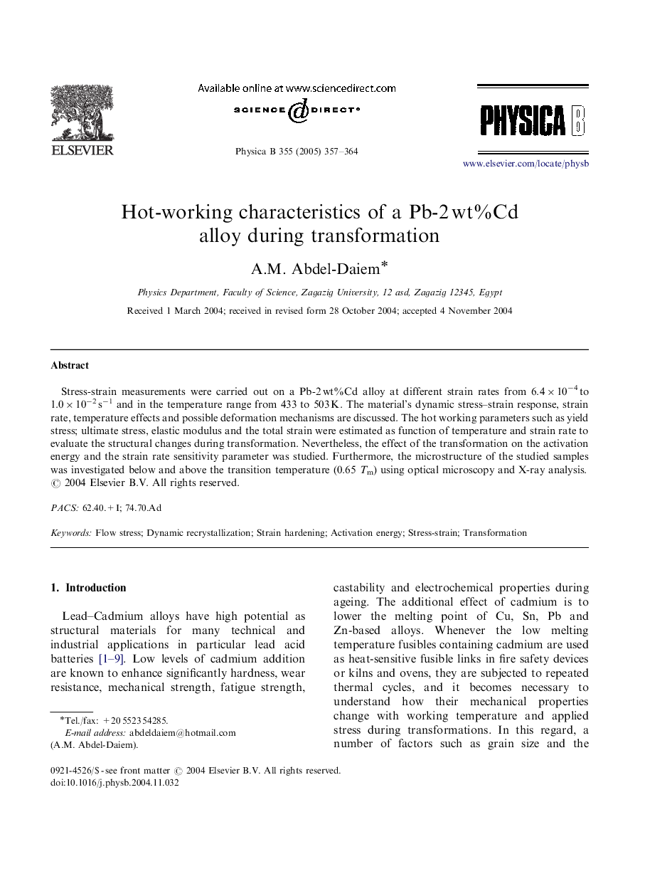 Hot-working characteristics of a Pb-2Â wt%Cd alloy during transformation