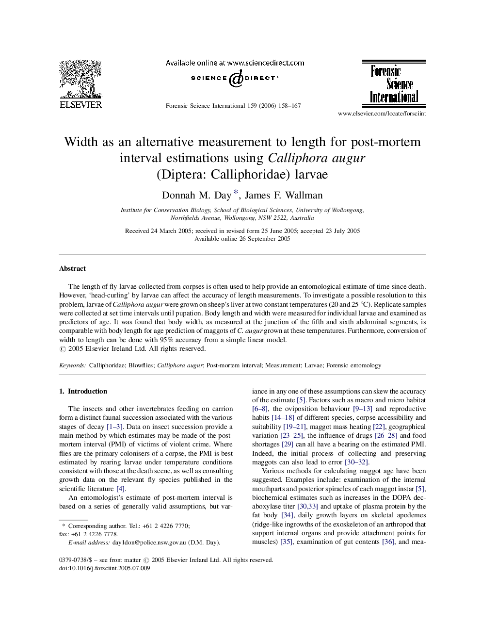 Width as an alternative measurement to length for post-mortem interval estimations using Calliphora augur (Diptera: Calliphoridae) larvae