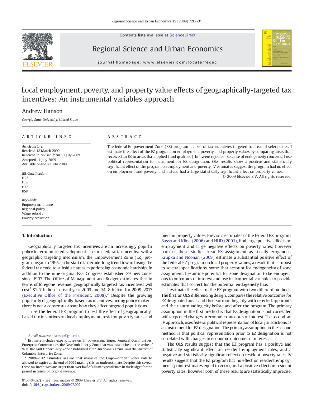 Local employment, poverty, and property value effects of geographically-targeted tax incentives: An instrumental variables approach