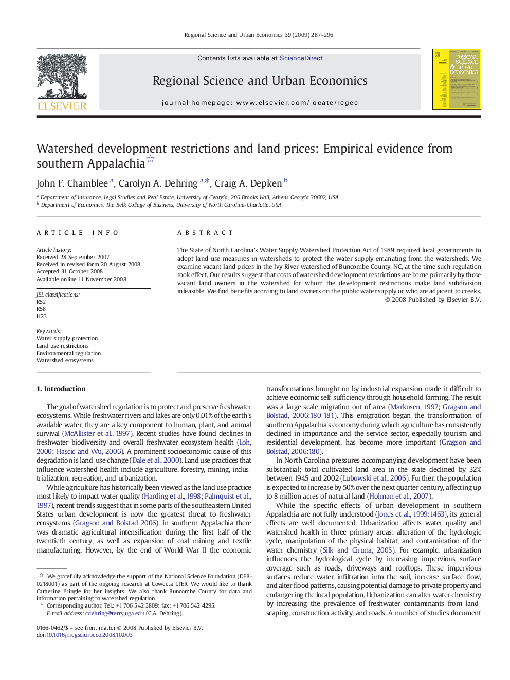 Watershed development restrictions and land prices: Empirical evidence from southern Appalachia