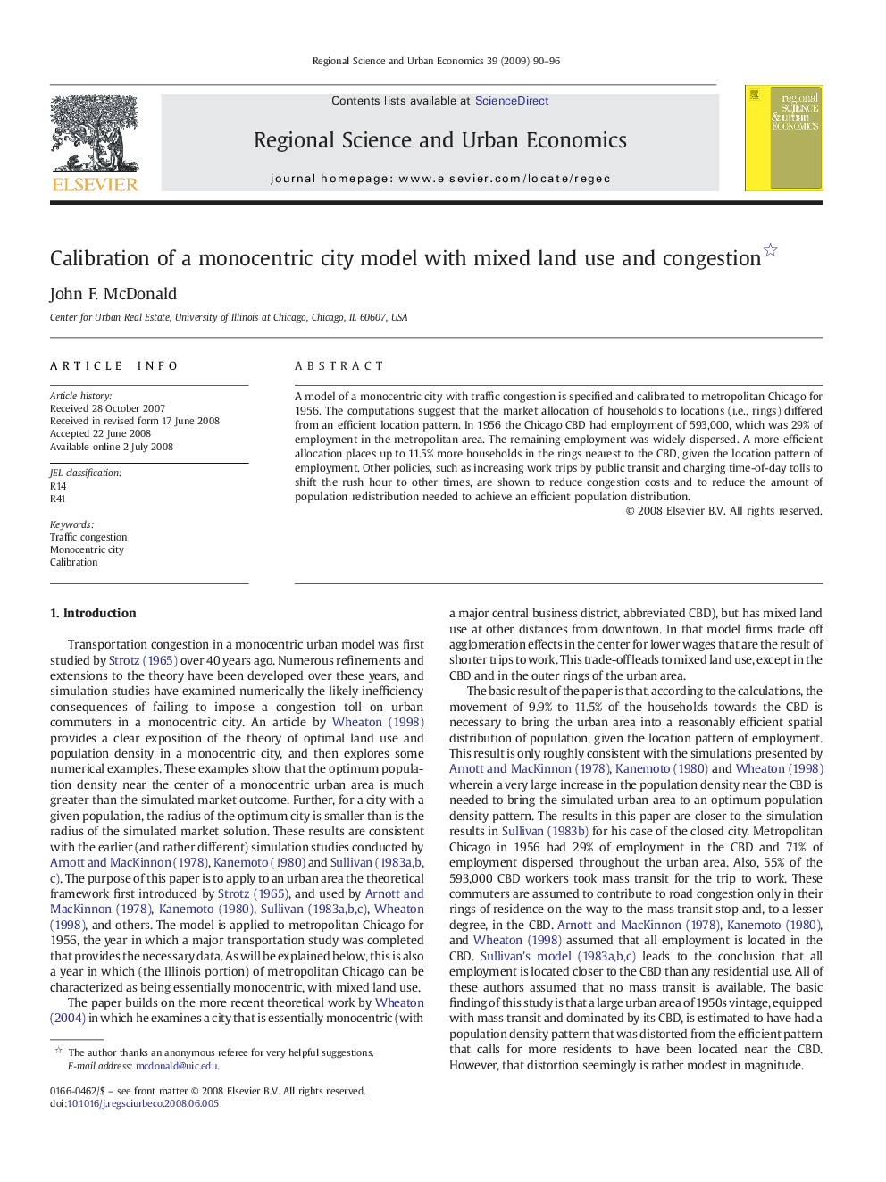 Calibration of a monocentric city model with mixed land use and congestion 