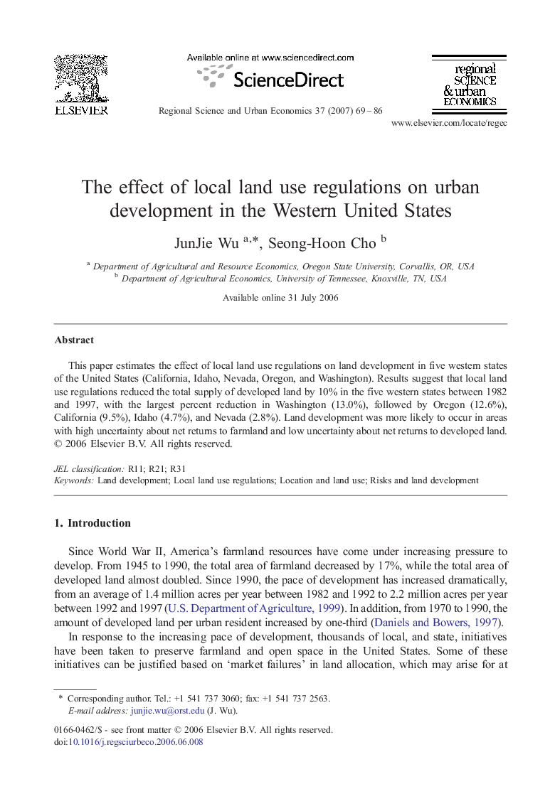 The effect of local land use regulations on urban development in the Western United States