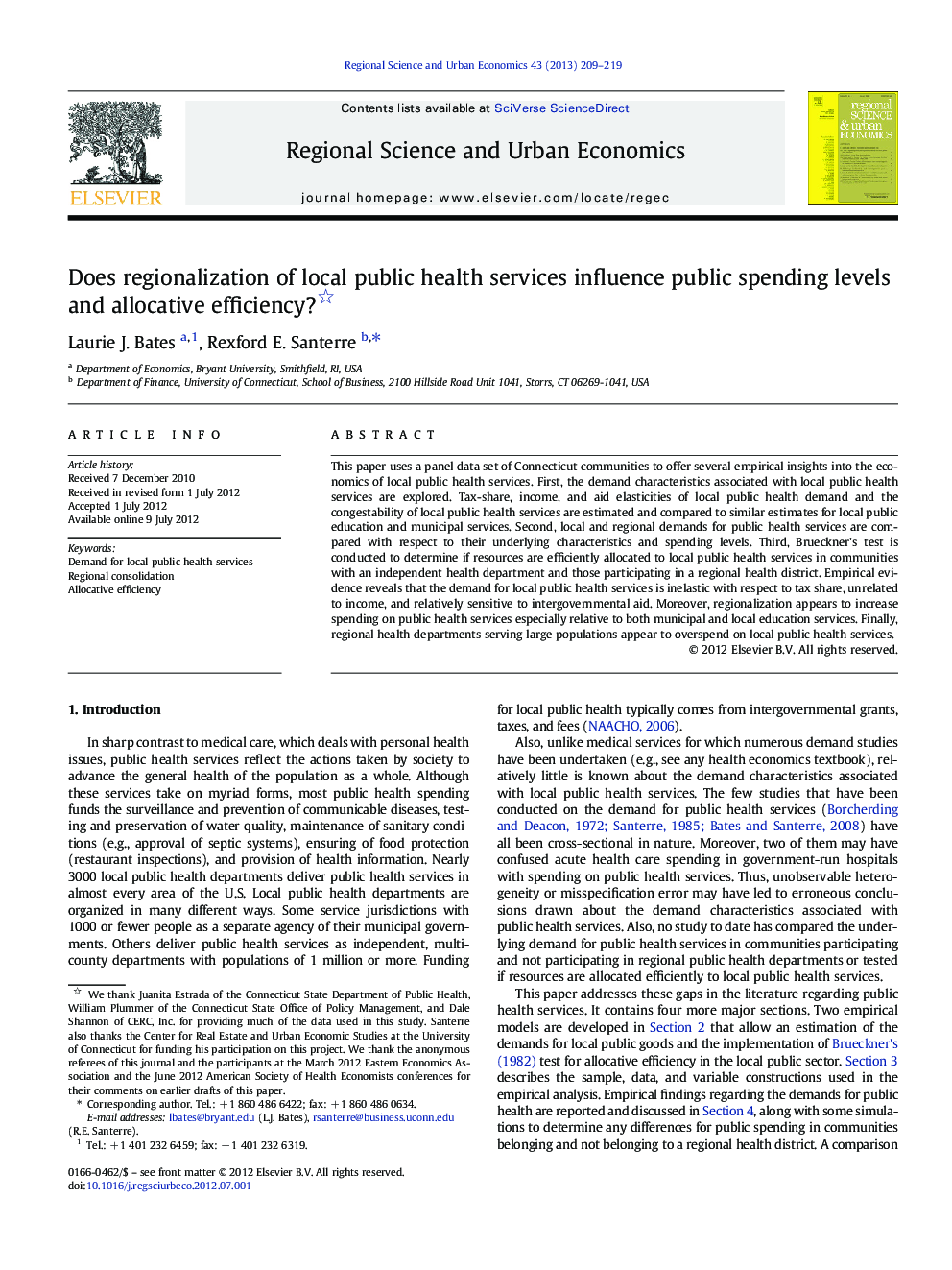 Does regionalization of local public health services influence public spending levels and allocative efficiency? 