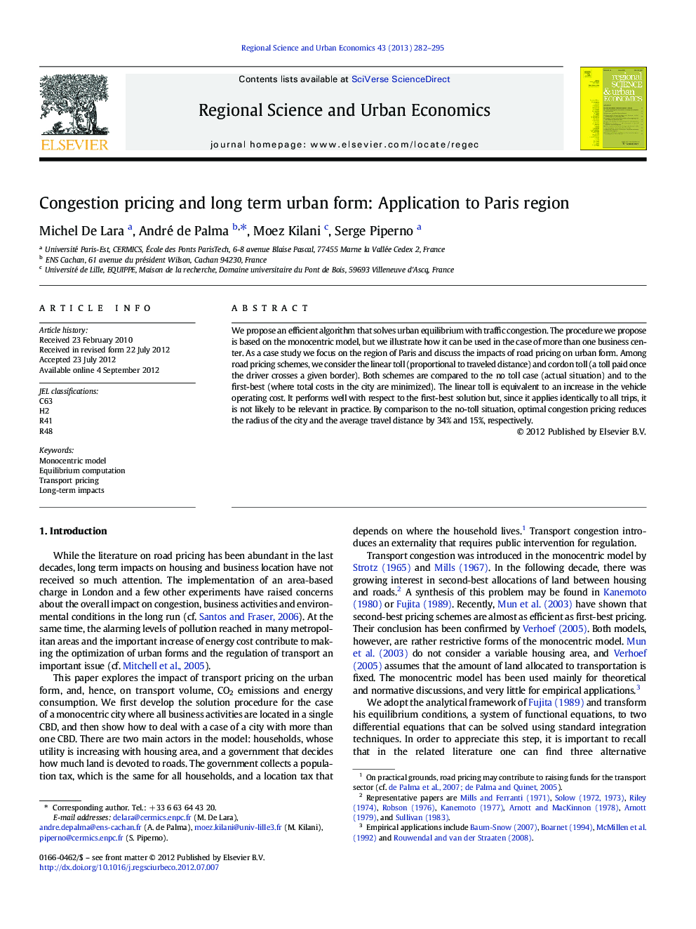 Congestion pricing and long term urban form: Application to Paris region