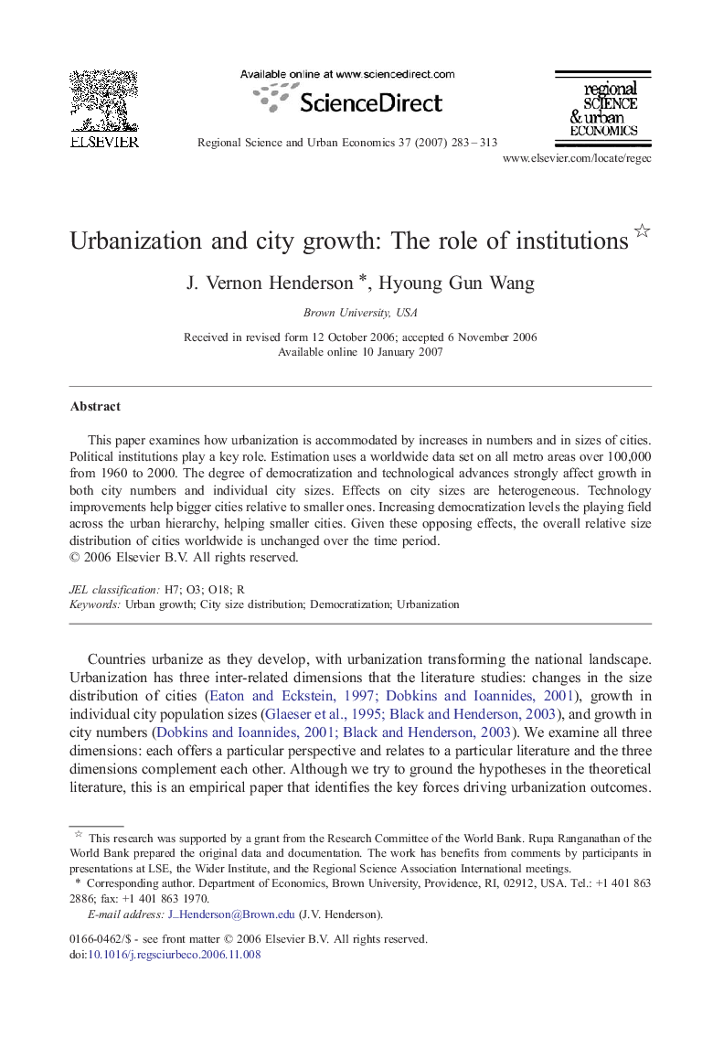 Urbanization and city growth: The role of institutions 