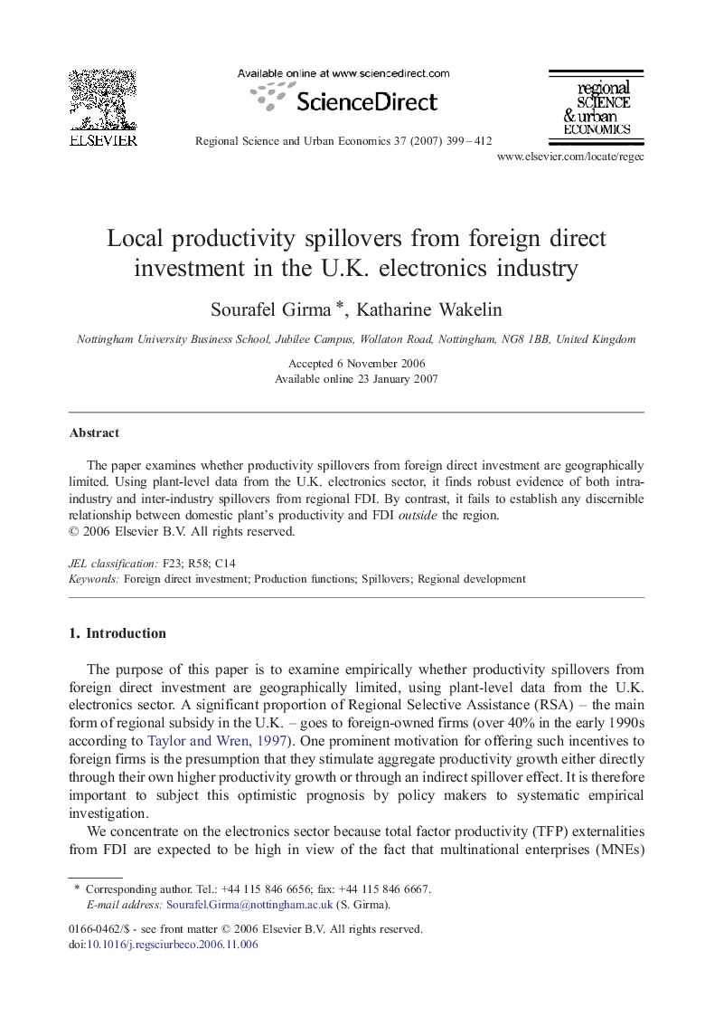 Local productivity spillovers from foreign direct investment in the U.K. electronics industry