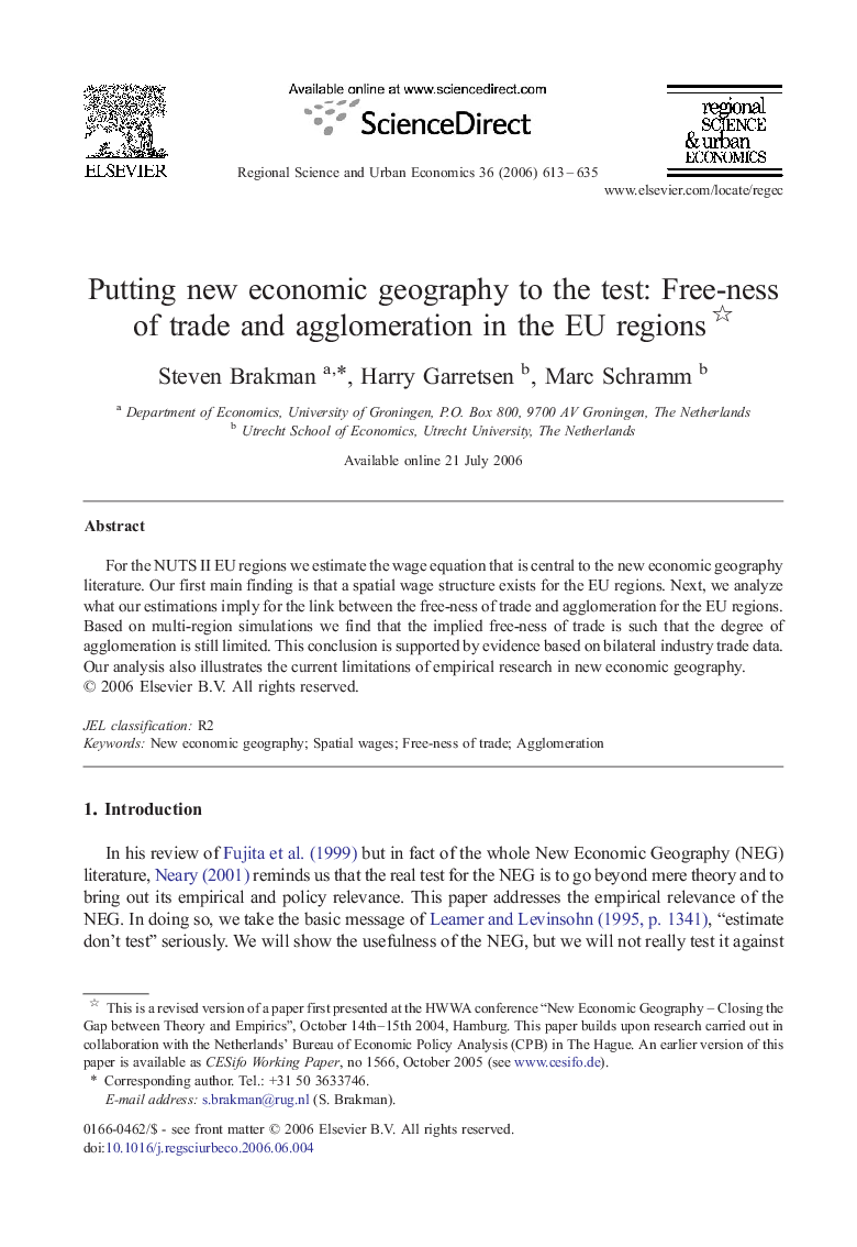 Putting new economic geography to the test: Free-ness of trade and agglomeration in the EU regions 