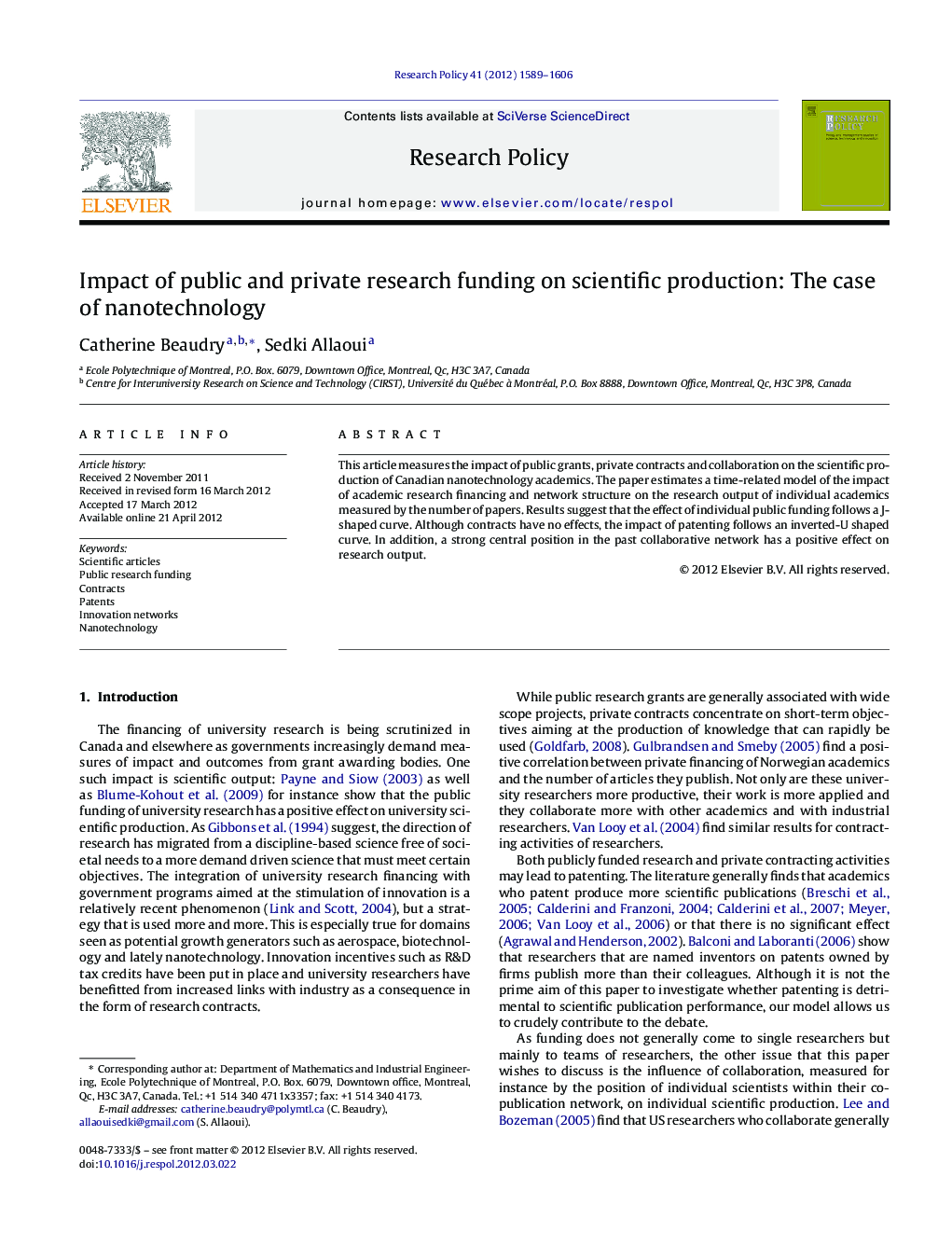 Impact of public and private research funding on scientific production: The case of nanotechnology