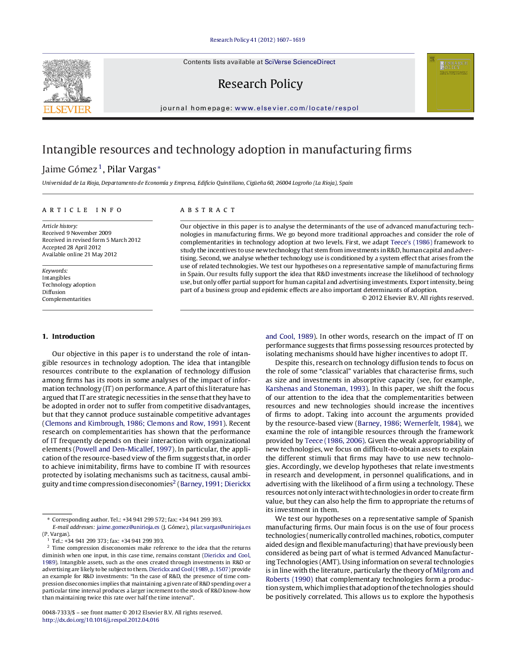 Intangible resources and technology adoption in manufacturing firms