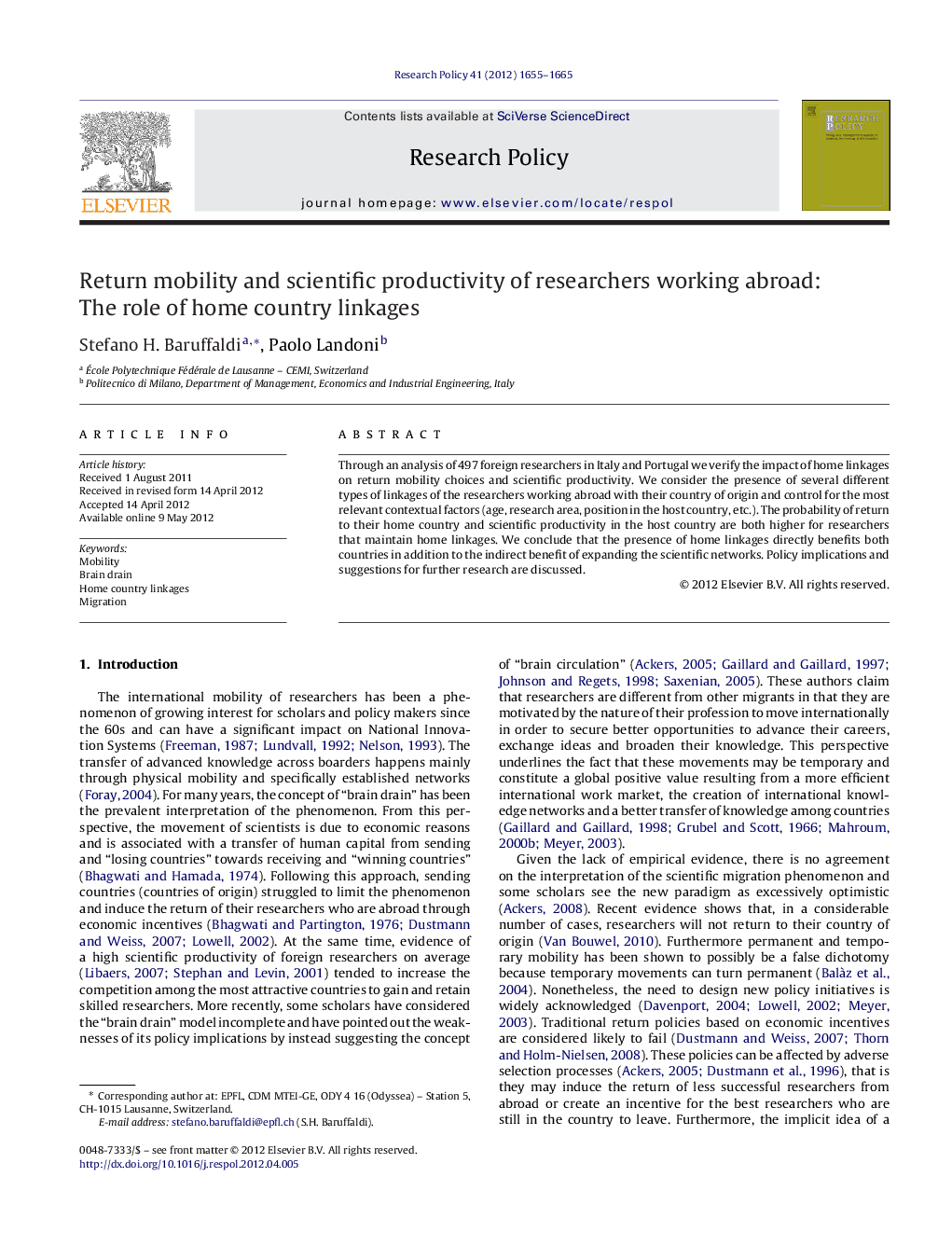 Return mobility and scientific productivity of researchers working abroad: The role of home country linkages