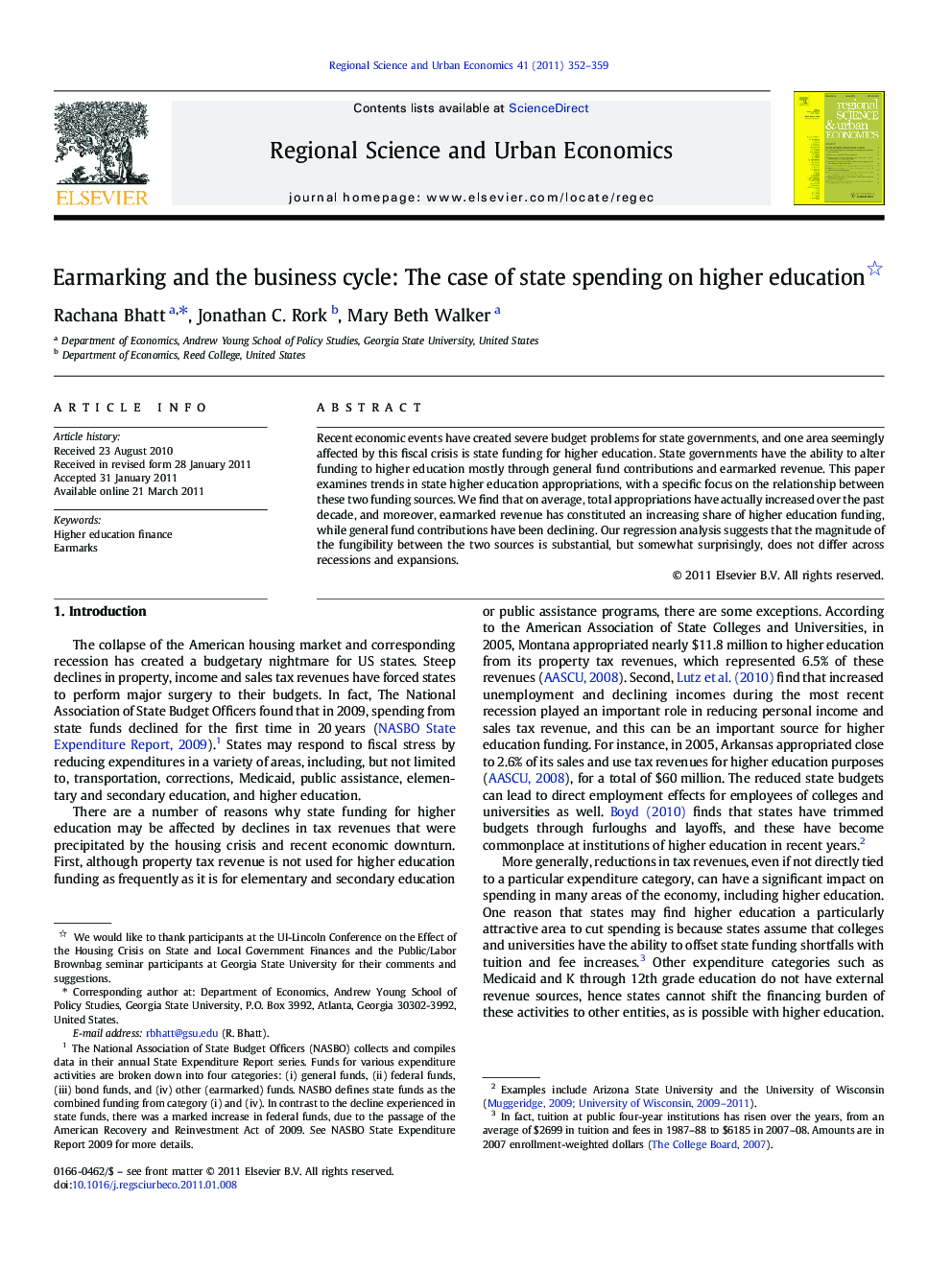 Earmarking and the business cycle: The case of state spending on higher education 