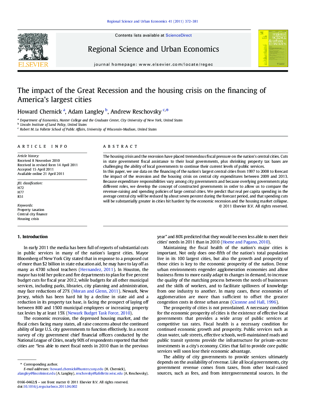 The impact of the Great Recession and the housing crisis on the financing of America's largest cities