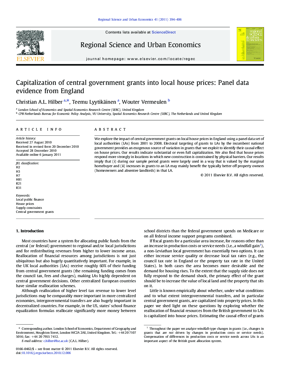 Capitalization of central government grants into local house prices: Panel data evidence from England