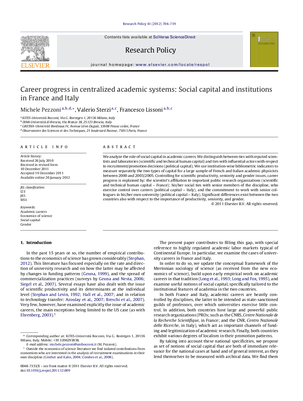 Career progress in centralized academic systems: Social capital and institutions in France and Italy