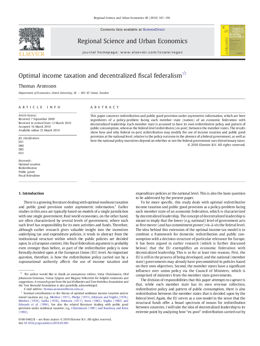 Optimal income taxation and decentralized fiscal federalism 