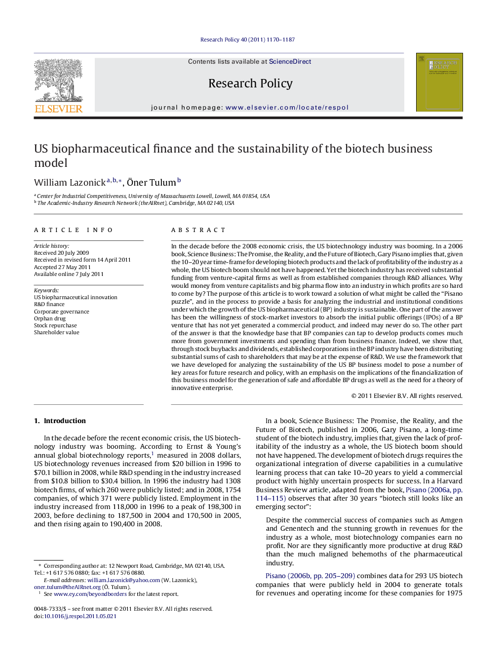 US biopharmaceutical finance and the sustainability of the biotech business model